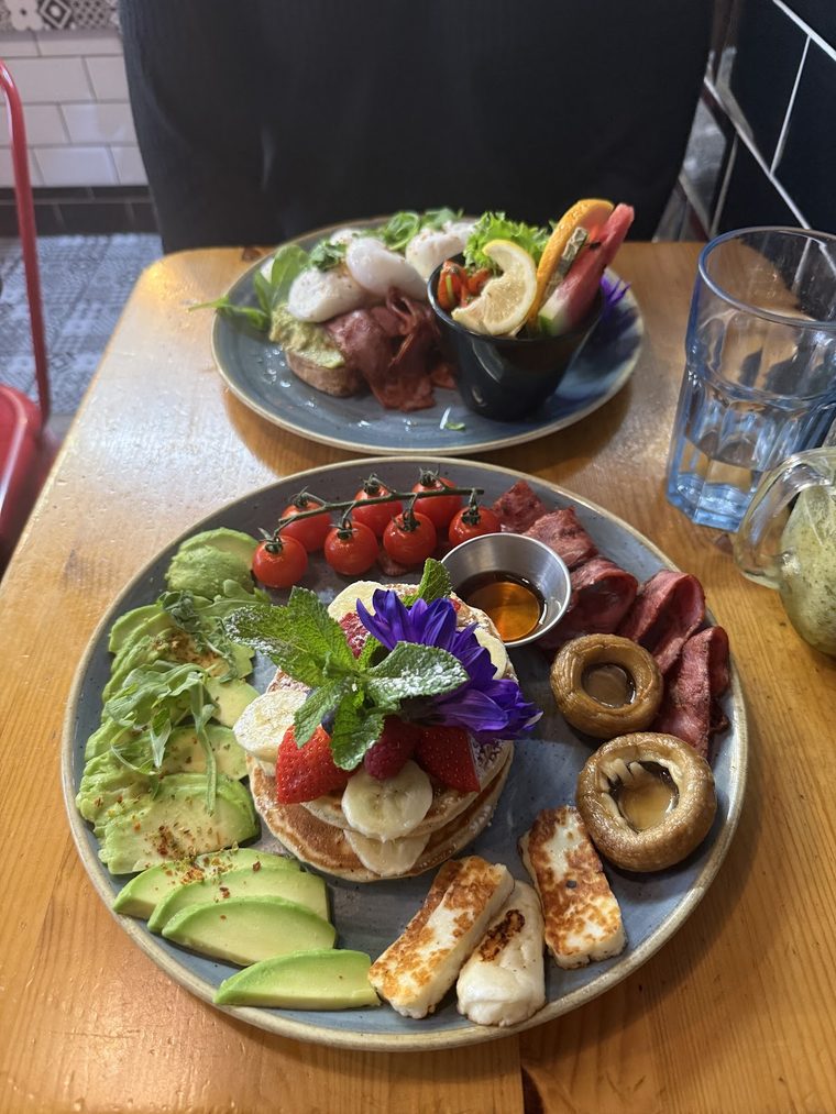 Avocado, halloumi, mushrooms, bacon and eggs on a breakfast plate